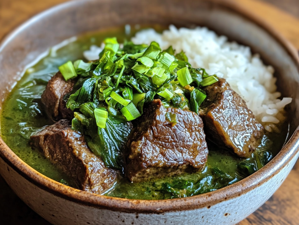 A steaming bowl of luau stew served with white rice, garnished with green onions, in an authentic Hawaiian-style setting