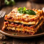 Close-up of eggplant parmesan with cheese, marinara, and basil on a wooden table.