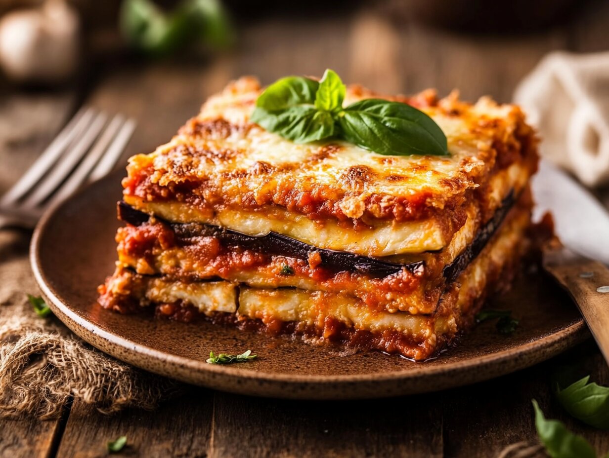 Close-up of eggplant parmesan with cheese, marinara, and basil on a wooden table.