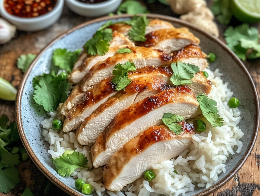 A steaming plate of gluten-free chicken rice with tender chicken slices, fragrant rice, and vibrant dipping sauces.