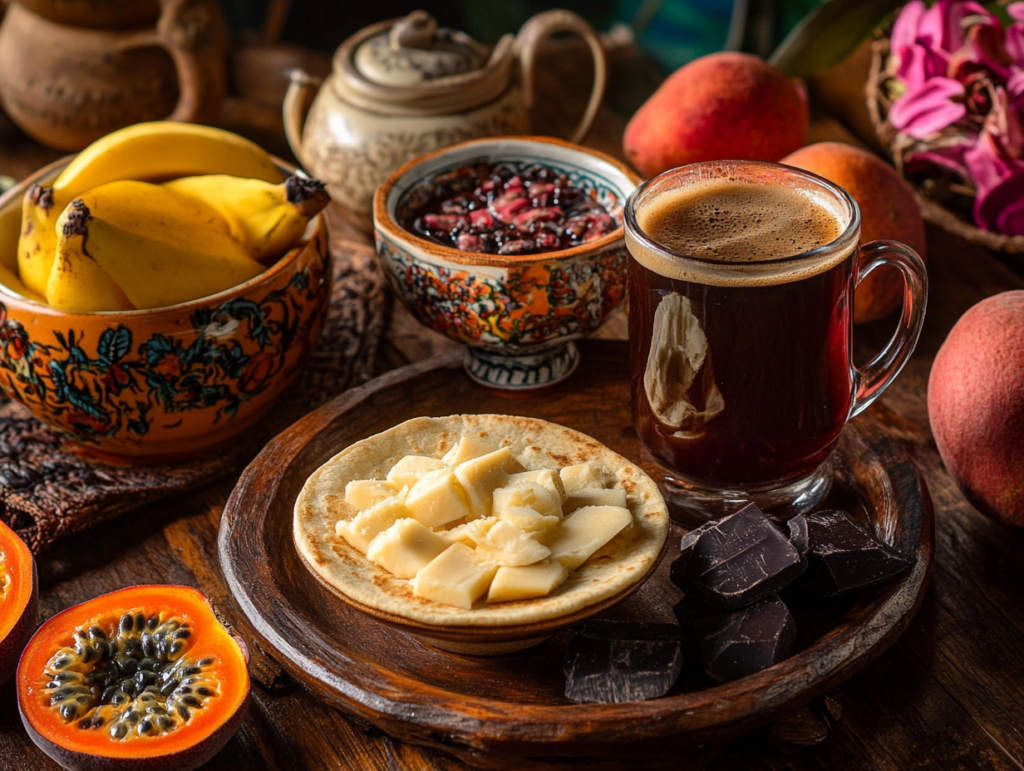 A vibrant spread featuring Colombian breakfast beverages like tinto, chocolate Santafereño, and aromática alongside arepas and tropical fruits.