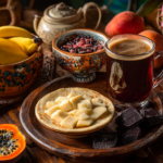 A vibrant spread featuring Colombian breakfast beverages like tinto, chocolate Santafereño, and aromática alongside arepas and tropical fruits.