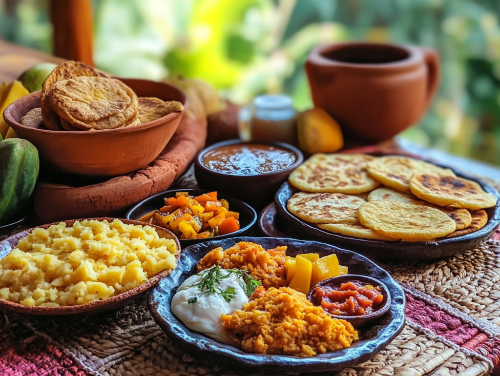 A colorful display of a typical Colombian breakfast featuring arepas, calentado, scrambled eggs with tomatoes and onions, fresh tropical fruit, and a cup of Colombian coffee