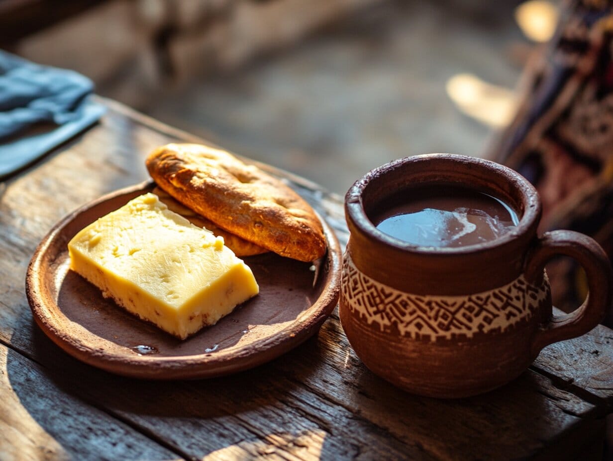 A rustic wooden table with a steaming cup of tinto, golden arepas, cheese, and fresh Colombian fruits, capturing the essence of a traditional Colombian breakfast.