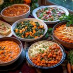 A dinner table featuring an assortment of dishes made with frozen diced carrots, including soup, baked ziti, and stir-fry, surrounded by fresh carrots and herbs.