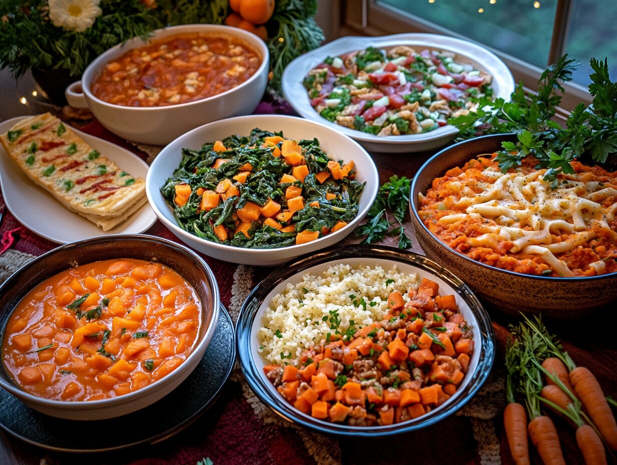 A dinner table featuring an assortment of dishes made with frozen diced carrots, including soup, baked ziti, and stir-fry, surrounded by fresh carrots and herbs.