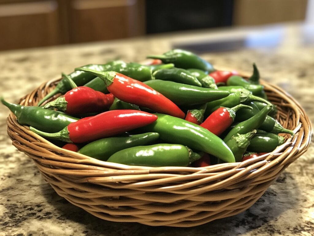 Close-up of fresh serrano peppers in a wicker basket, showcasing their bright green and red colors.