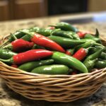 Close-up of fresh serrano peppers in a wicker basket, showcasing their bright green and red colors.