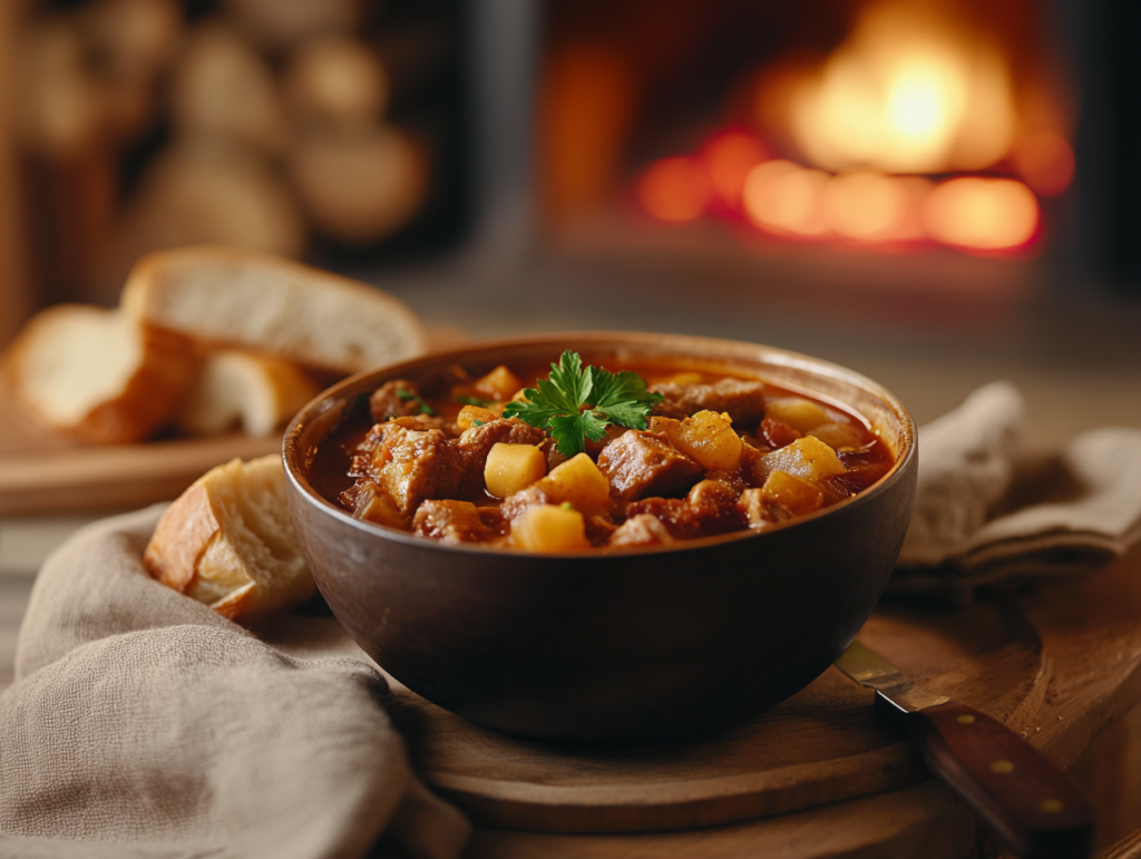 A steaming bowl of hearty stew with meat, vegetables, and parsley, served with bread and wine on a rustic table in a cozy setting.