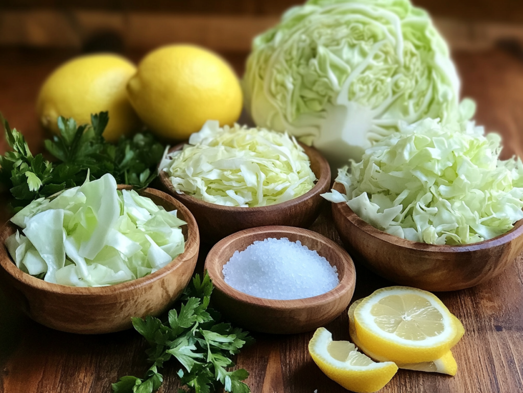 A display of cabbage with lemon, vinegar, and salt as alternative ingredients to baking soda.