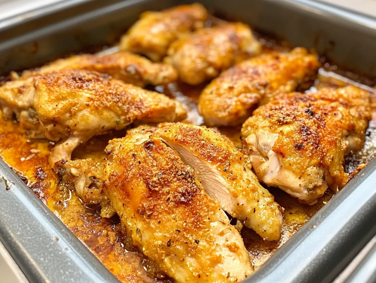 Golden-brown baked chicken breasts with crispy skin, seasoned with spices and served in a dark roasting pan, with visible juiciness and tender texture