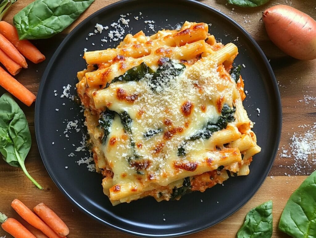 A close-up of baked ziti layered with melted cheese, spinach, and frozen diced carrots, served on a white plate and garnished with fresh herbs