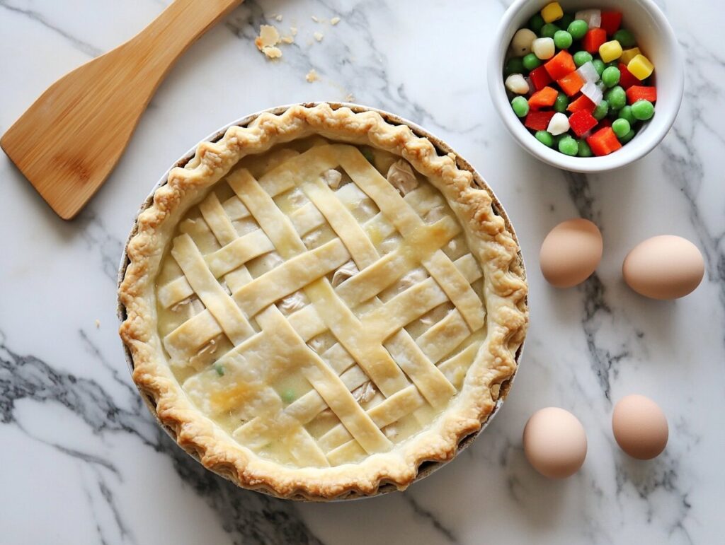 A freshly prepared chicken pot pie with a lattice crust, surrounded by ingredients including eggs and mixed vegetables, on a marble countertop