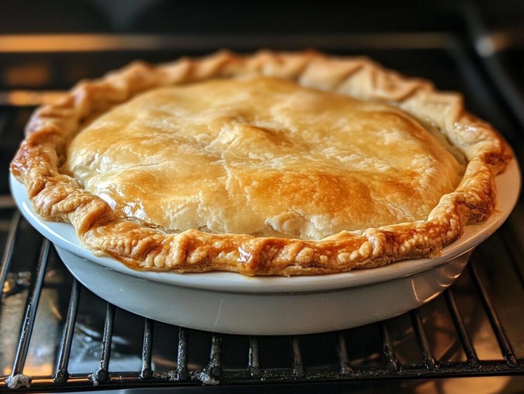 A freshly baked chicken pot pie with a golden, flaky crust in a white pie dish, resting on an oven rack