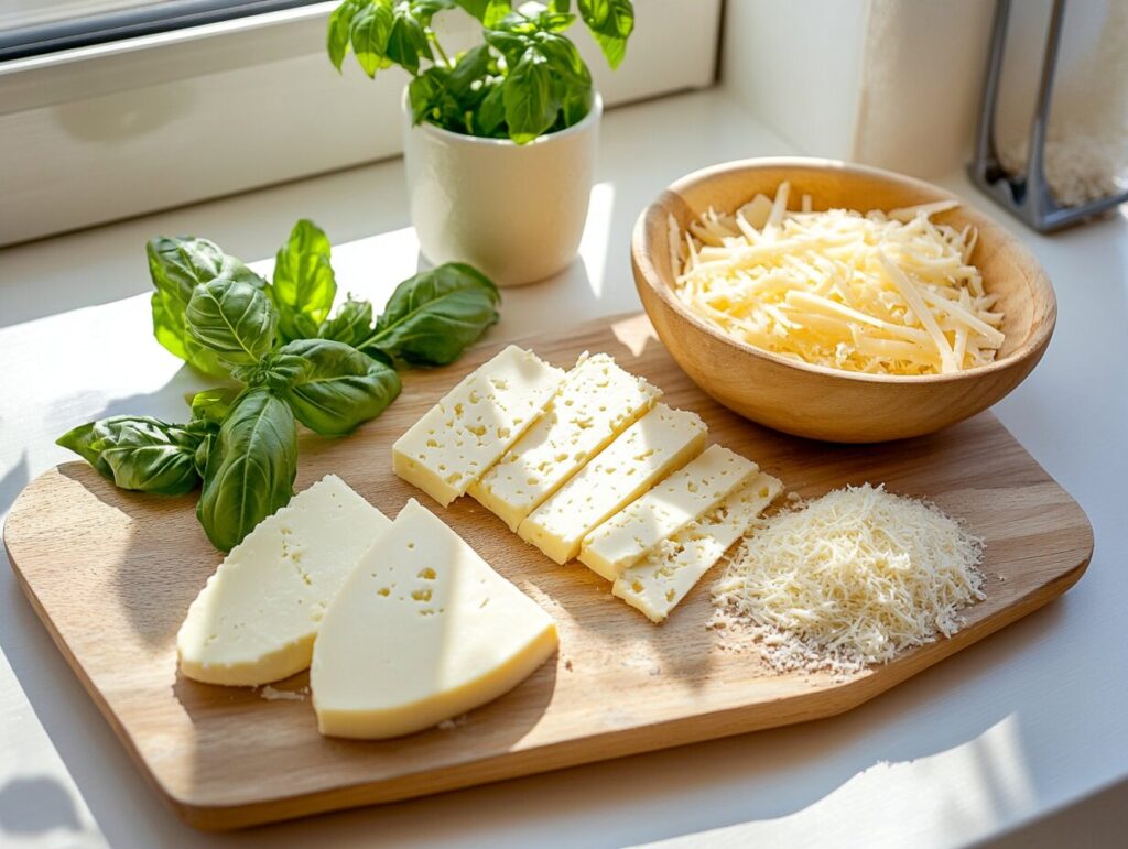 A display of various cheese substitutes for provolone cheese, including mozzarella, gouda, vegan cheese, and parmesan, arranged on a cutting board with fresh basil.