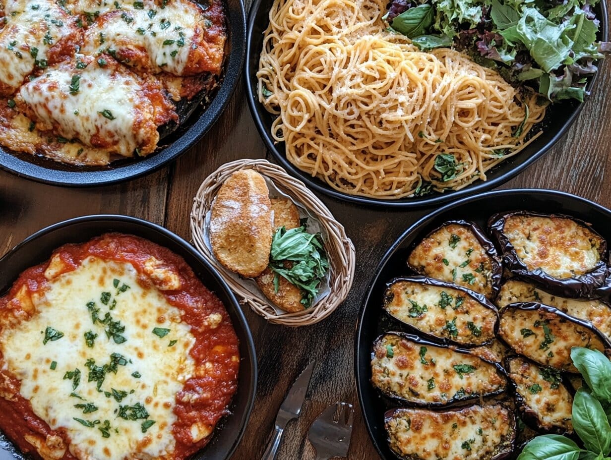 What's Healthier, Chicken Parmesan or Eggplant Parmesan? 1 A dining table featuring chicken parmesan with spaghetti and eggplant parmesan with salad, styled with rustic cutlery and warm lighting.