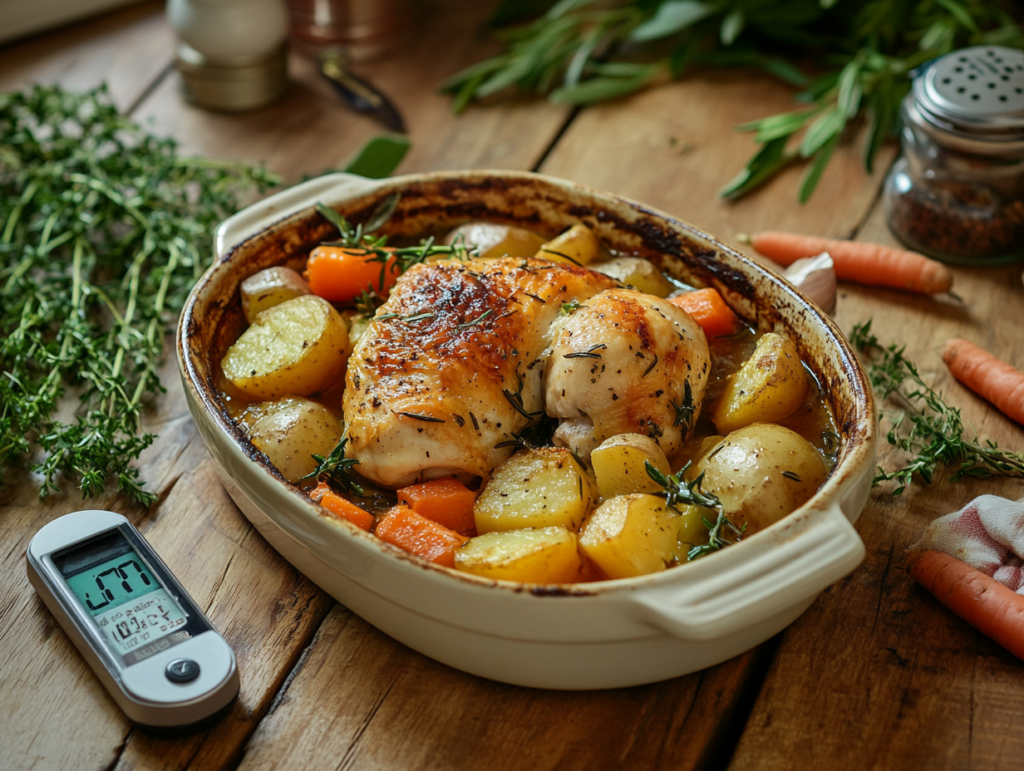 A freshly baked chicken and vegetable casserole with a food thermometer beside it, showcasing safe cooking practices