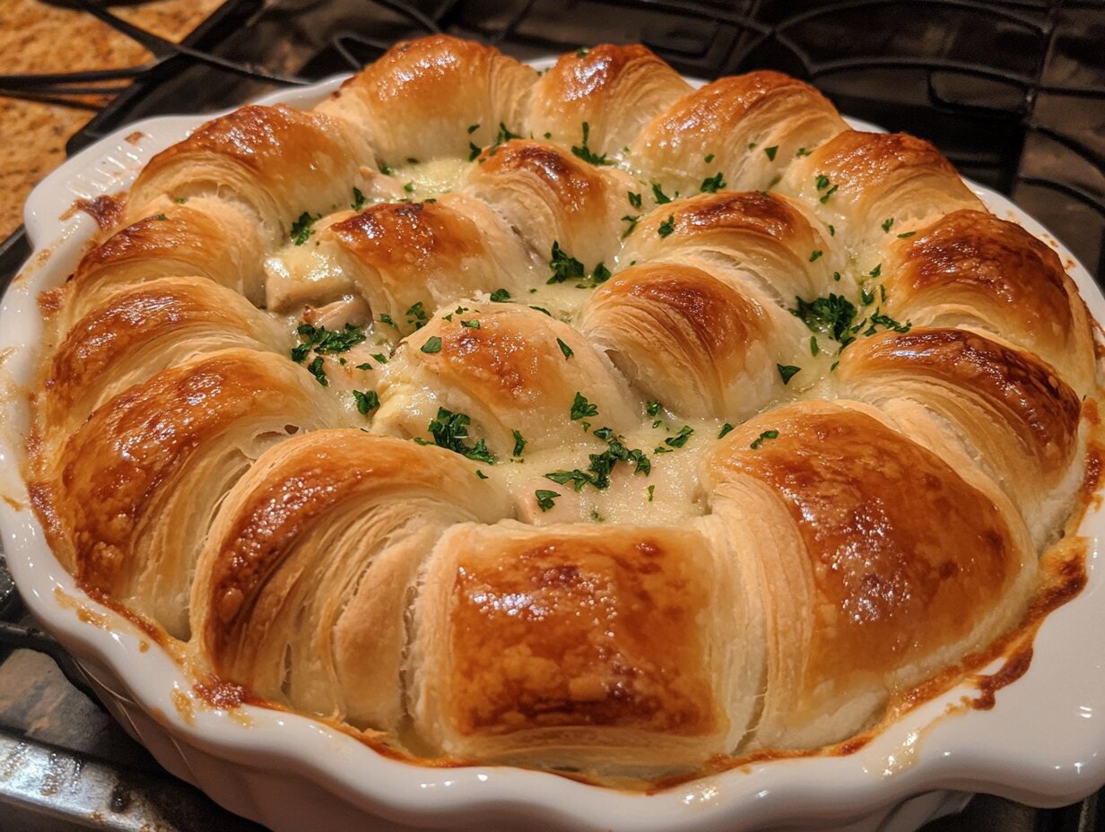 Freshly baked pot pie topped with flaky crescent rolls