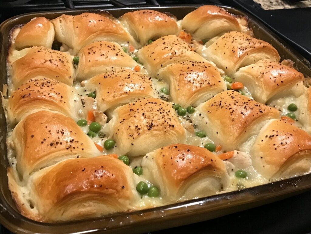 Golden crescent roll crust on a creamy chicken pot pie.