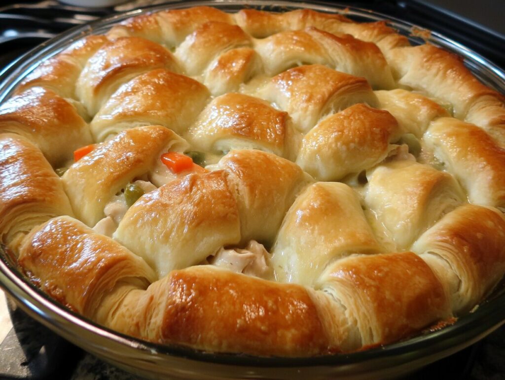 Chicken pot pie with flaky crescent roll topping and fresh vegetables