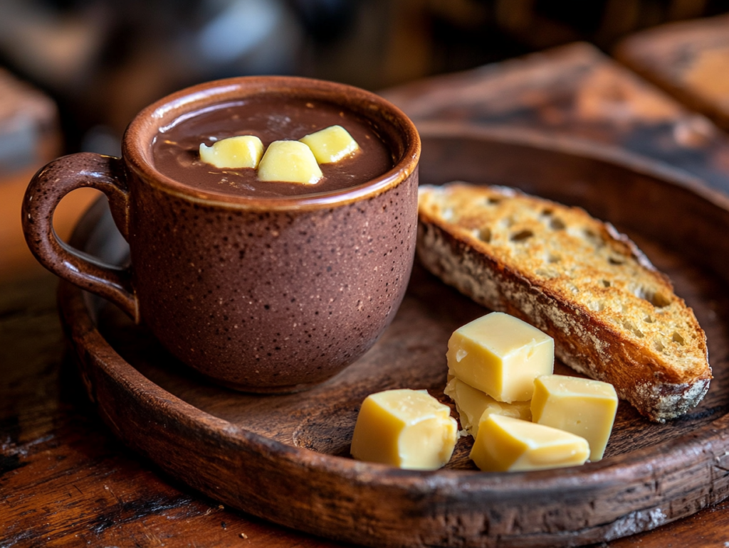 A cup of thick Colombian hot chocolate with chunks of cheese served on a wooden tray.