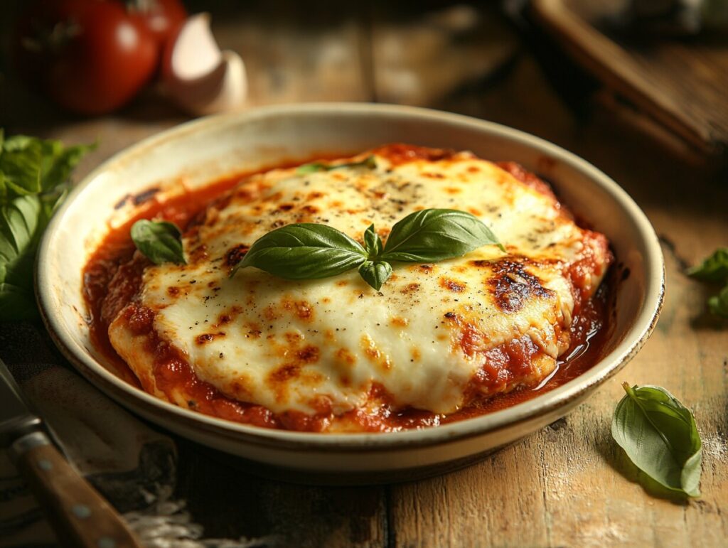 A plate of chicken parmesan topped with melted mozzarella as a substitute for provolone cheese, garnished with fresh basil, and served with marinara sauce in a cozy kitchen setting