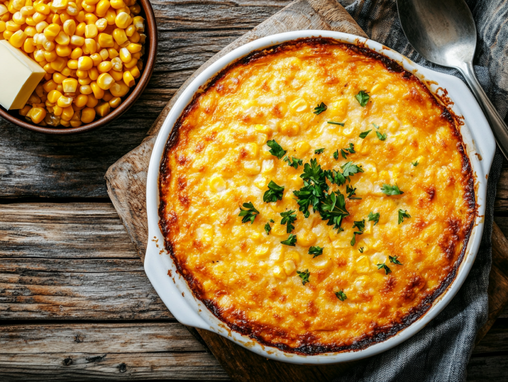 Golden-brown corn casserole in a baking dish with a serving spoon, garnished with parsley