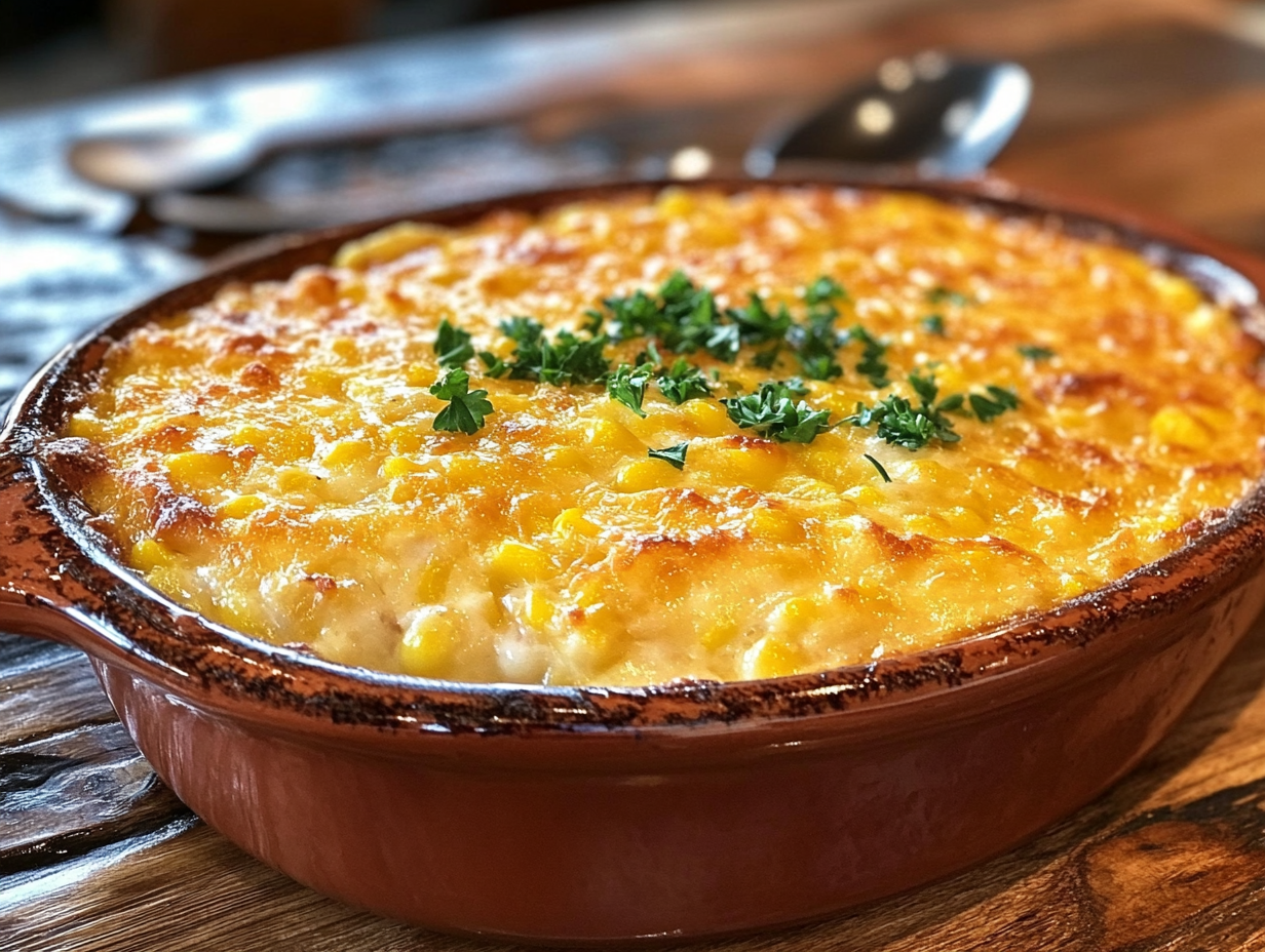 Golden-brown Cracker Barrel corn casserole topped with fresh parsley, served in a rustic baking dish on a wooden table