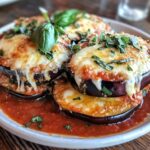 A freshly baked eggplant Parmigiana with golden-brown melted cheese, rich tomato sauce, and garnished with fresh basil leaves.