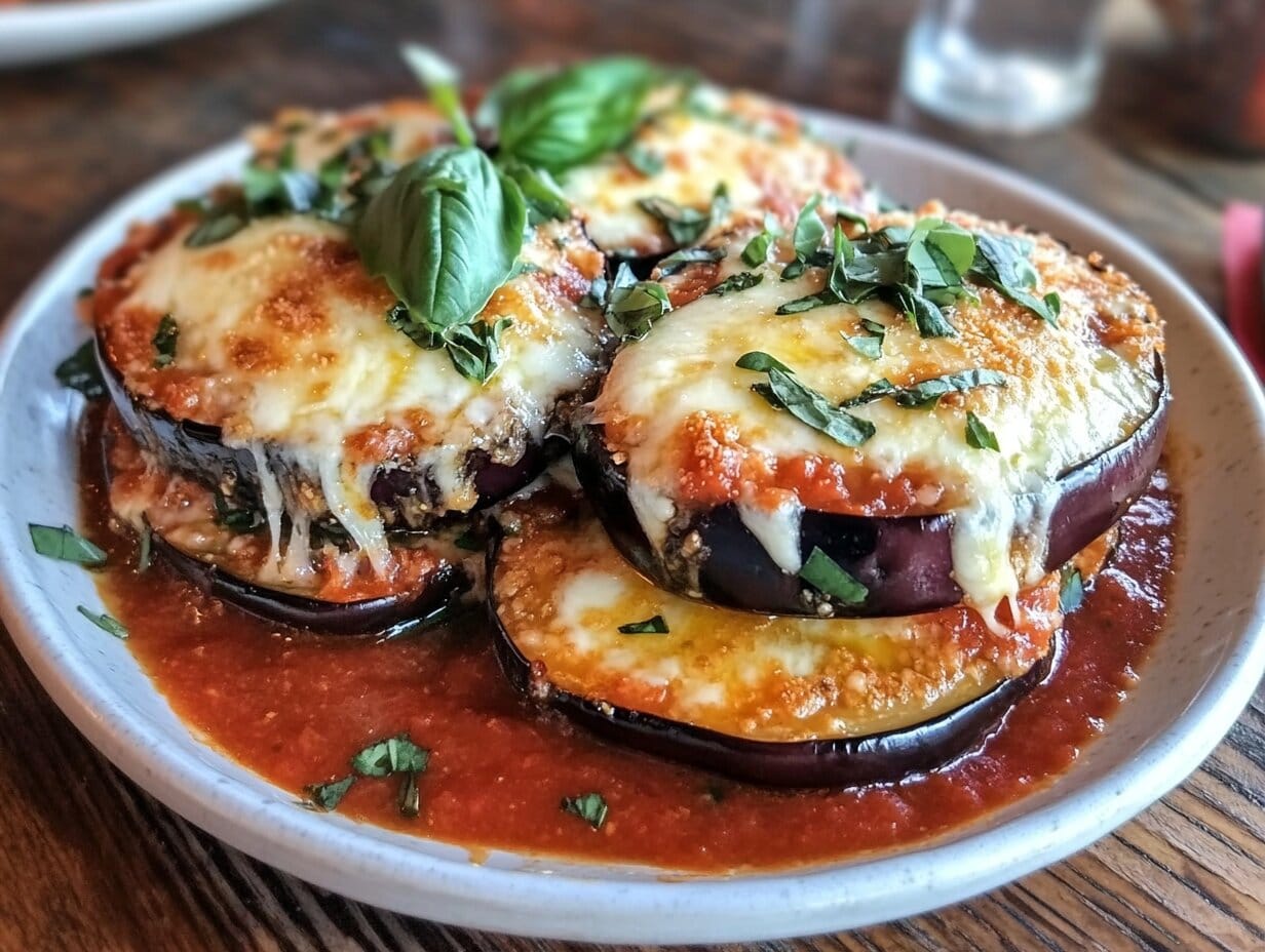 What's the Difference Between Eggplant Parmigiana and Chicken Parmigiana? 1 A freshly baked eggplant Parmigiana with golden-brown melted cheese, rich tomato sauce, and garnished with fresh basil leaves.