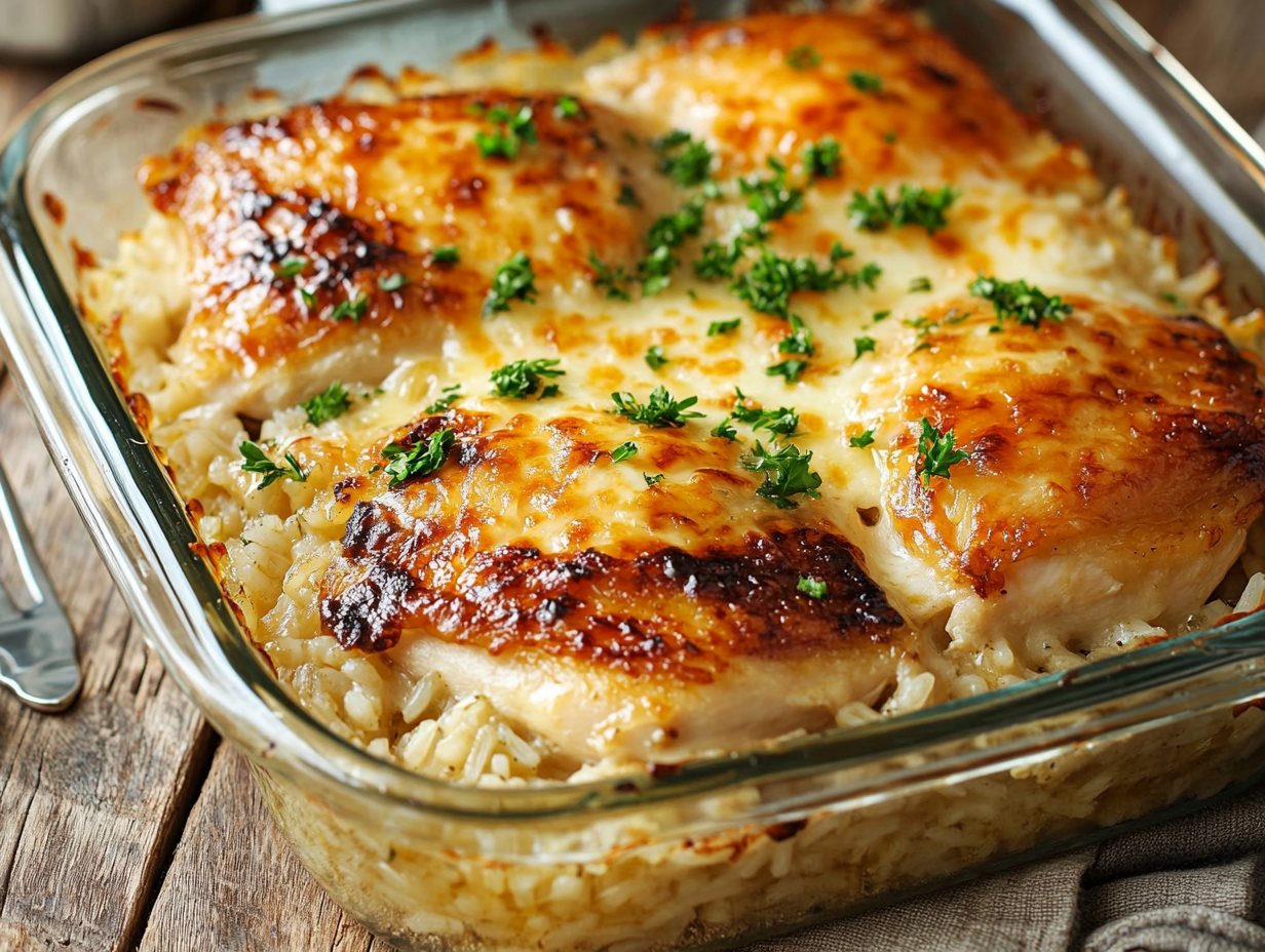 A steaming gluten-free chicken and rice casserole in a glass baking dish, topped with melted cheese and garnished with fresh parsley.