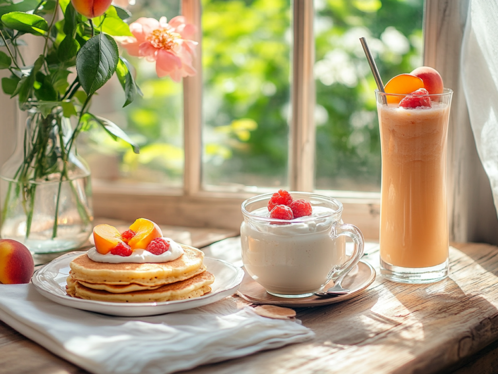 A breakfast table featuring peach pancakes, a parfait with yogurt and peach slices, and a peach smoothie under morning sunlight.