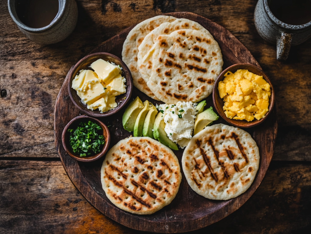 A plate of Colombian arepas served with a variety of toppings, including butter, shredded cheese, avocado slices, and scrambled eggs