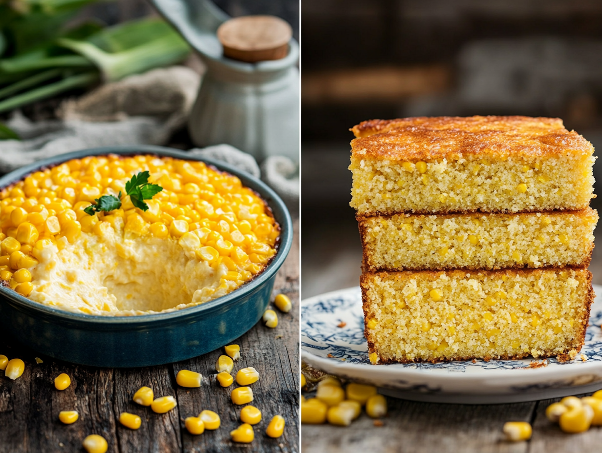 Side-by-side comparison of corn casserole and cornbread, showcasing their textures and presentation