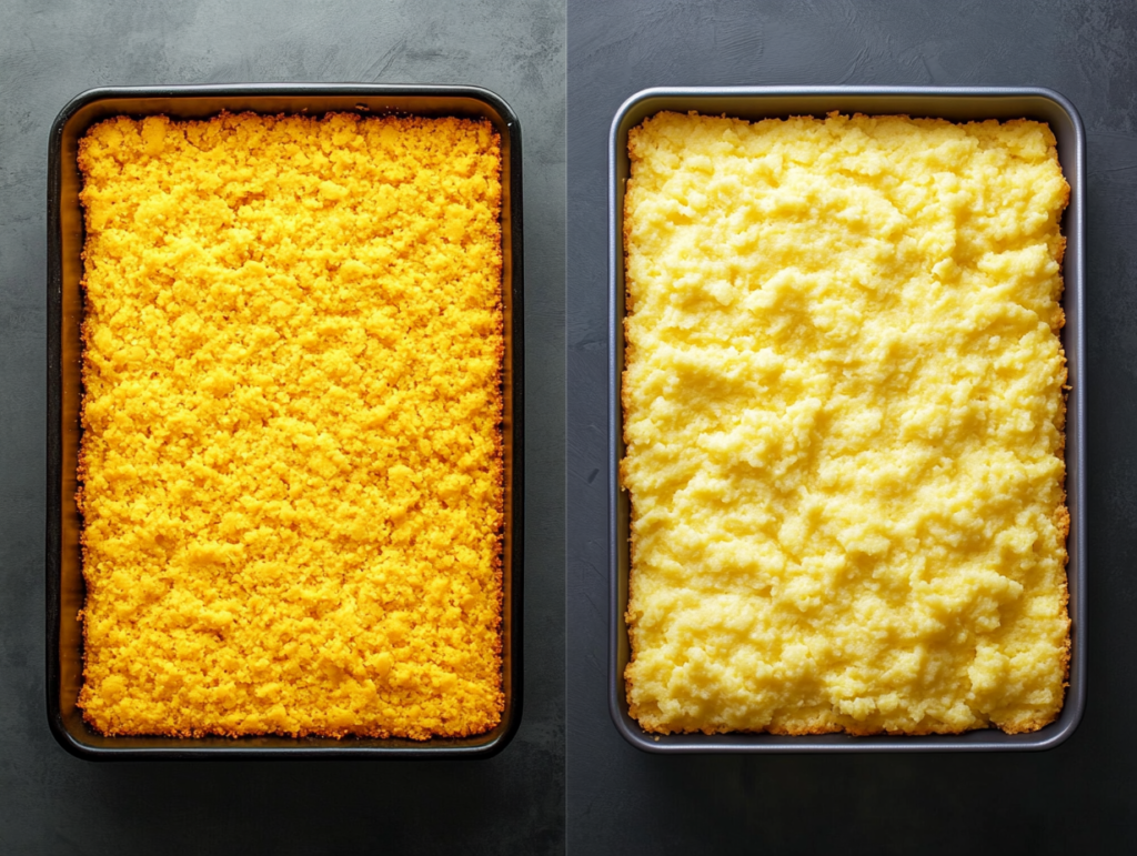 Side-by-side comparison of cornbread on the left with a crumbly, golden texture, and corn casserole on the right with a creamy, yellow surface in baking trays.