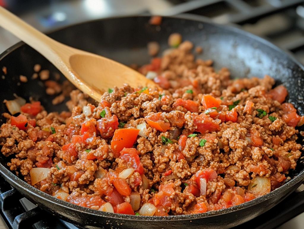 Ground turkey cooking in a skillet with onions, garlic, and tomatoes, being stirred with a wooden spoon.