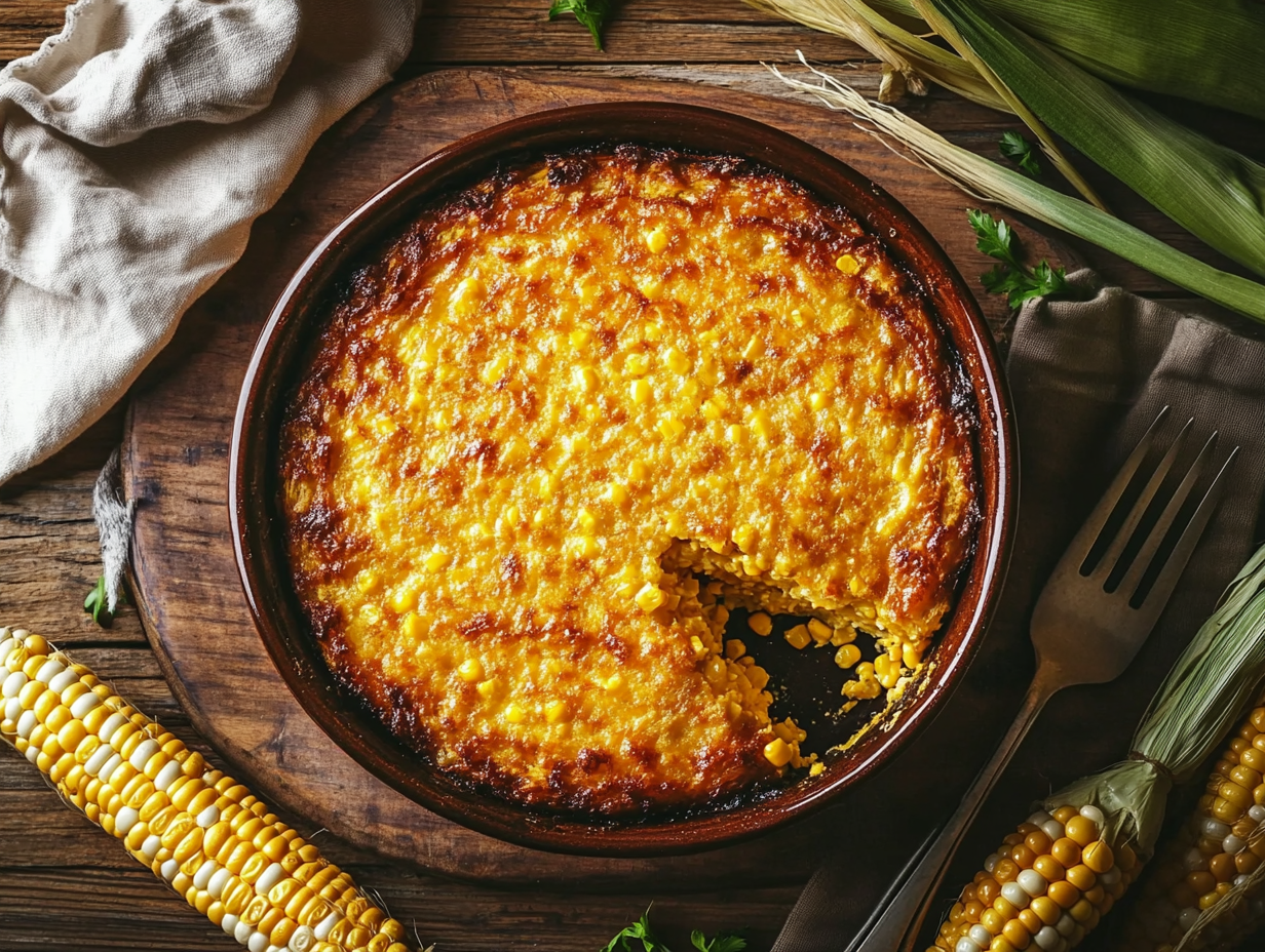 A golden brown corn casserole with a firm, moist interior, surrounded by fresh corn and rustic tableware, displayed on a wooden table.