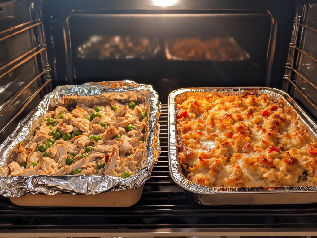 Comparison of covered and uncovered chicken casseroles baking in an oven, showing differences in texture and browning