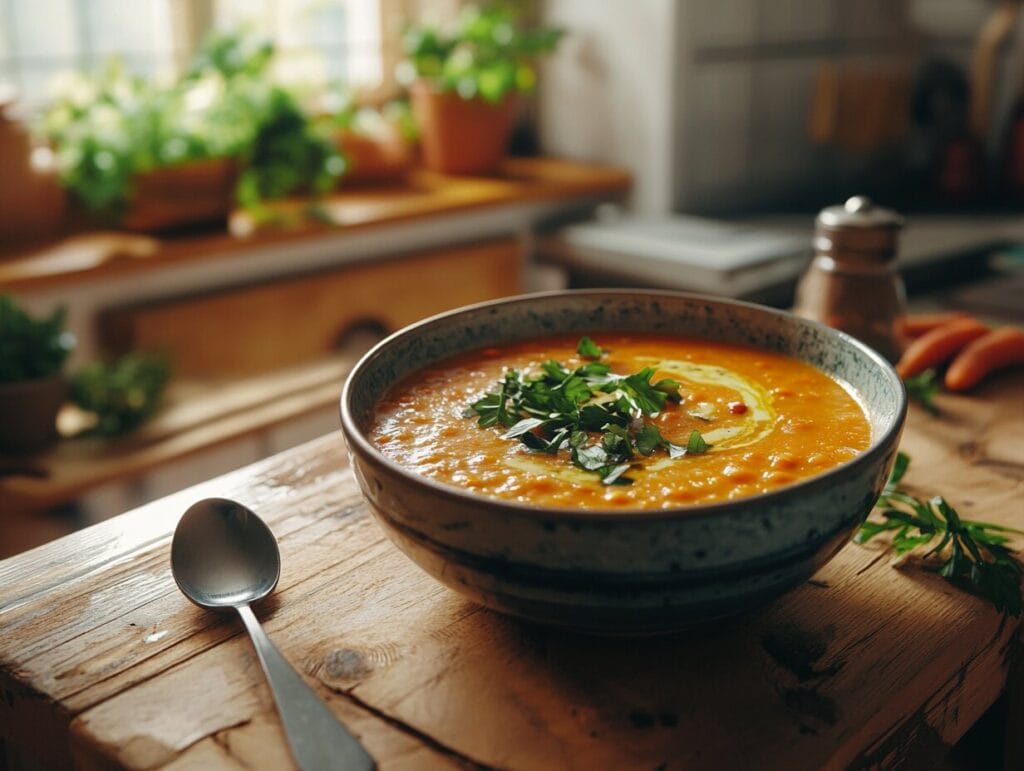 A steaming bowl of creamy carrot and lentil soup made with frozen diced carrots, garnished with fresh herbs, on a rustic wooden table.