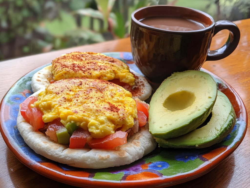 A crispy arepa topped with eggs, spinach, and melted cheese, styled like a breakfast pizza on a modern kitchen counter.