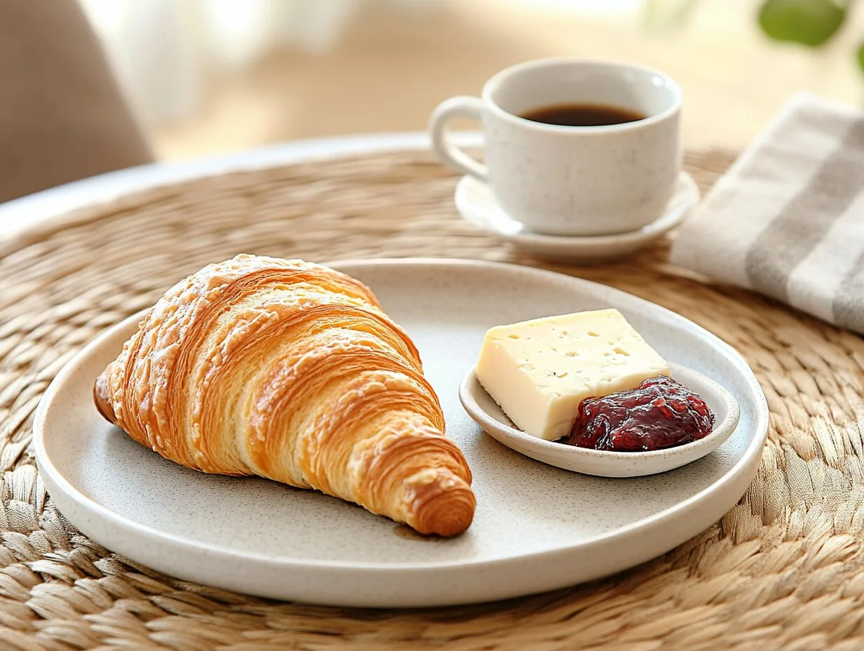 A croissant and a gipfeli side by side on a wooden table