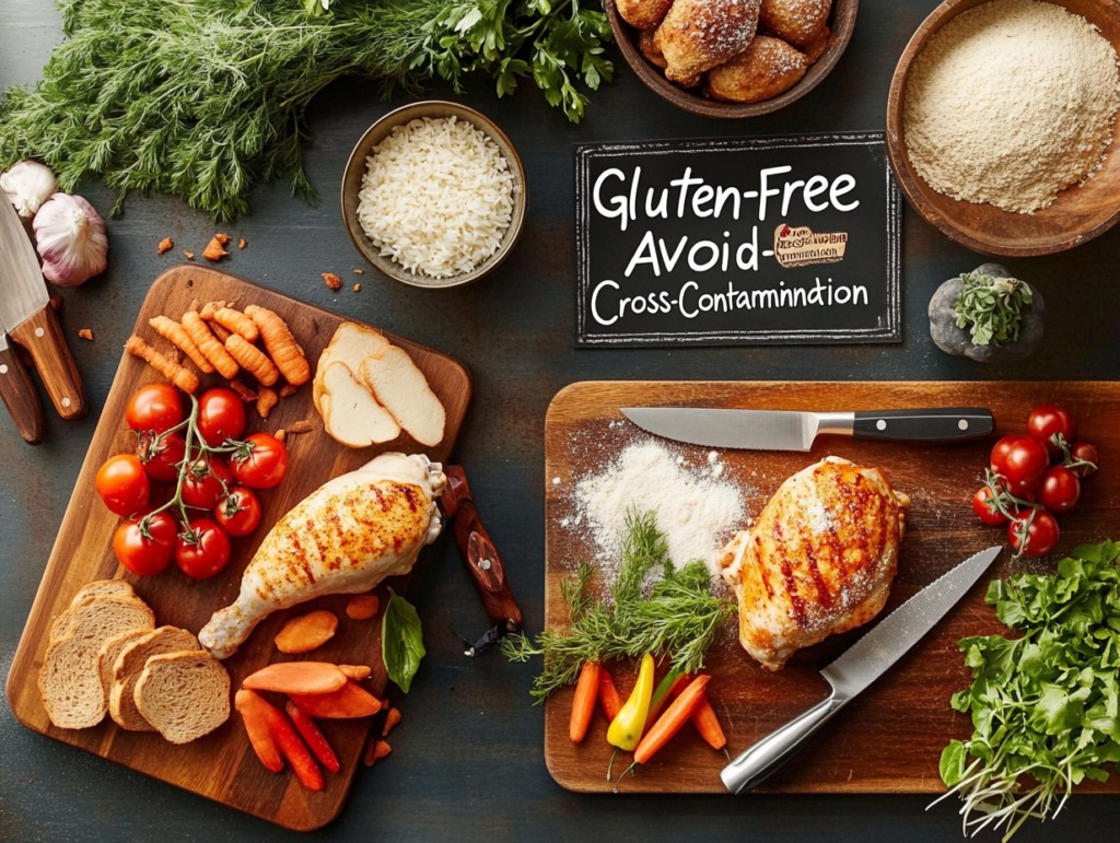 A kitchen setup showing separate cutting boards and utensils for gluten-free cooking to prevent cross-contamination.