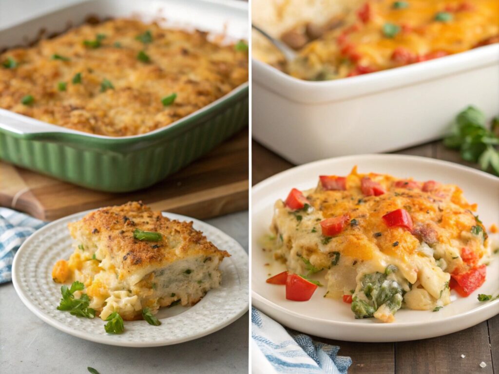 Two servings of chicken casserole plated on white dishes, showing creamy layers of chicken, vegetables, and melted cheese, with a golden crust. The casserole dish in the background is green and freshly baked, garnished with herbs and diced tomatoes.