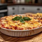 A feature image of chicken parmesan topped with a bubbling layer of cheese substitutes, served with marinara sauce, fresh basil, and spaghetti on the side.