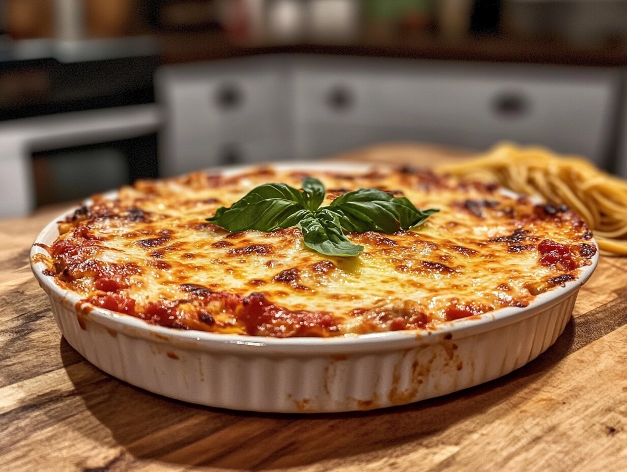 A feature image of chicken parmesan topped with a bubbling layer of cheese substitutes, served with marinara sauce, fresh basil, and spaghetti on the side.