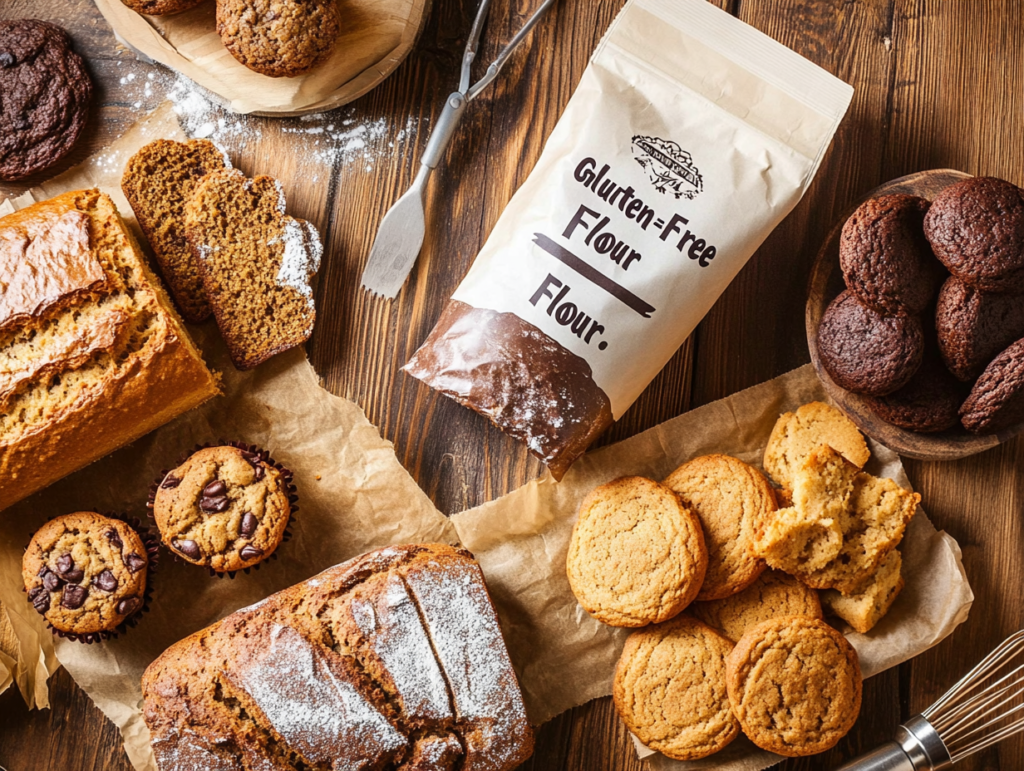 A variety of gluten-free baked goods, including bread, muffins, cookies, and cake, displayed on a wooden table with baking tools and ingredients.