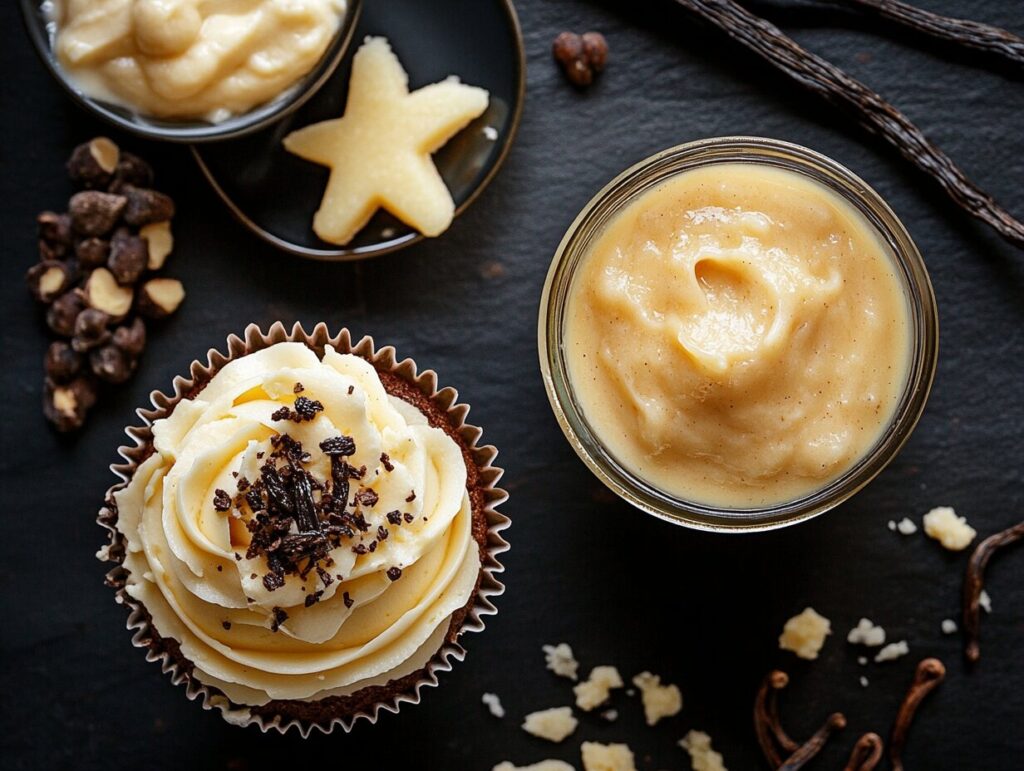 Vanilla desserts including a cupcake, latte, and custard, with a jar of vanilla paste and fresh vanilla beans as decoration