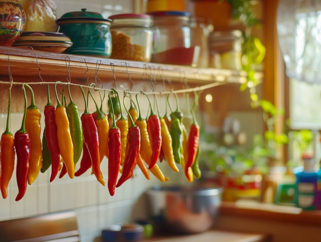 Stringed serrano peppers air-drying in a kitchen with natural light, creating a colorful and rustic scene for preserving spices.