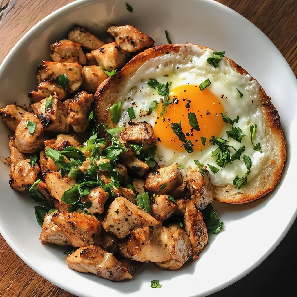 Egg salad topped with halved boiled eggs, fresh parsley, and creamy shredded chicken served in a white bowl