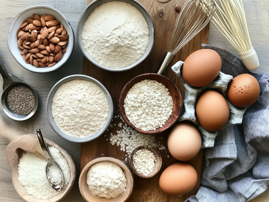 A flat-lay of gluten-free baking ingredients including almond flour, coconut flour, psyllium husk, and eggs on a rustic countertop.